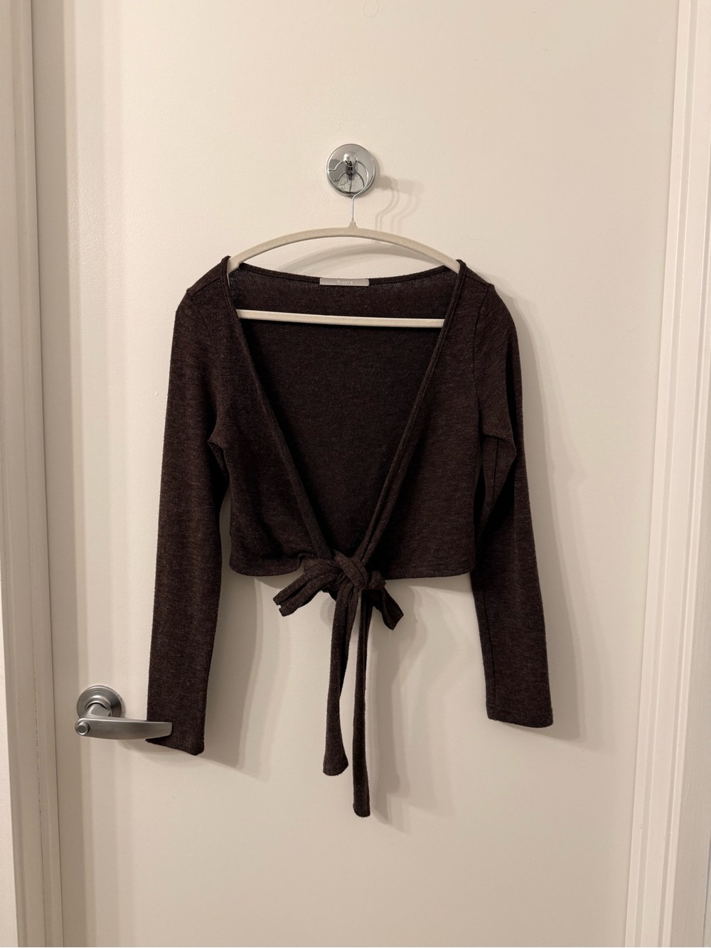 Dark Brown Tie-Front Cropped Knit Cardigan